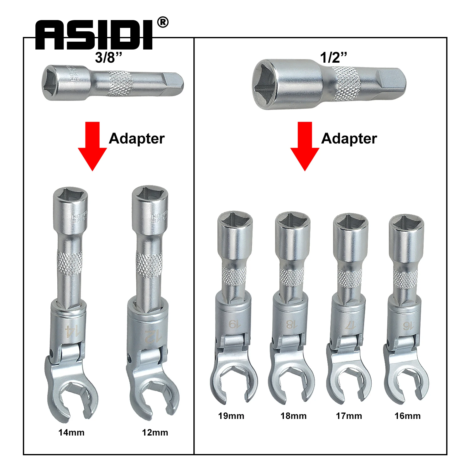 12-19mm Flex Head Crows Foot Line Wrench Set 3/8 & 1/2 Drive Injector Fuel Line Crowfoot Tool