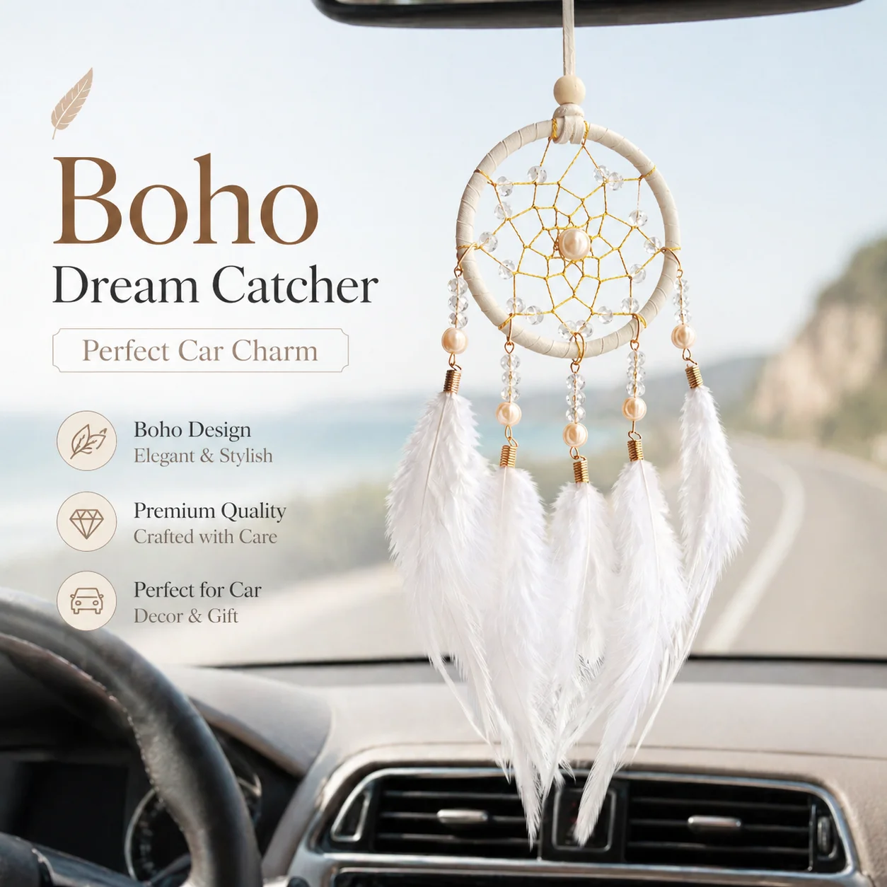 Boho Dream Catcher Car Hanging Ornament, Feather Wall Decor Charm with Crystal Beads for Bedroom Home Gift