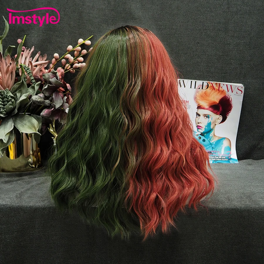 Imstyle Tinsel Synthetic Lace Front Wig Deep Wave Women's Cosplay Hair Half Green Half Red