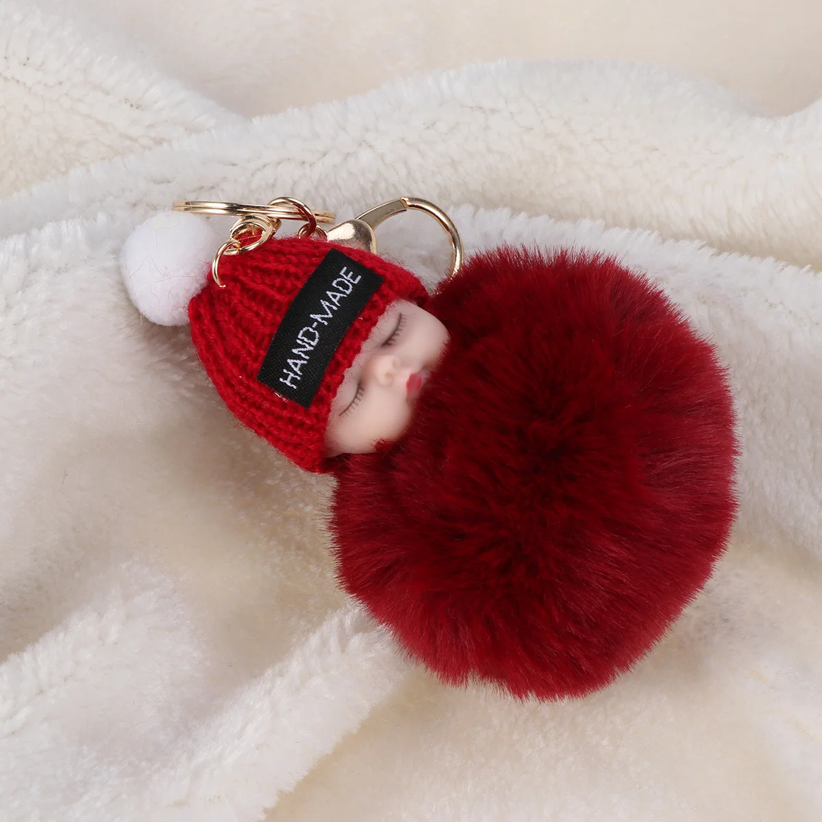 

Sleeping Baby Keychain Soft Pom Pom Key Ring Comfortable Hanging Pendant Accessory for Car Keys Wine Red
