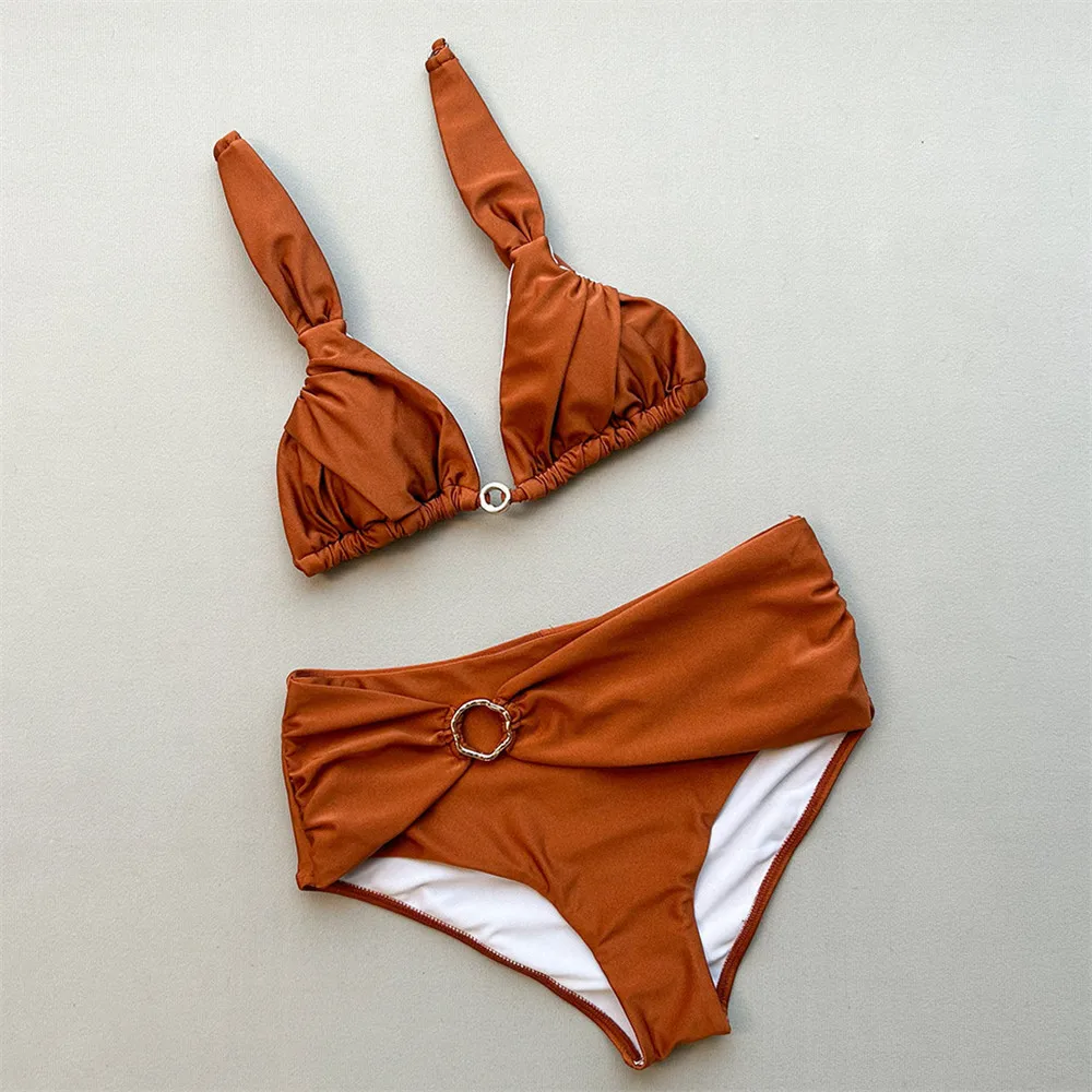 

Solid Brown High Waisted Bikini Metal Ring Swimwear Ruched Sexy Swimsuit Women 2026 Holiday Bikinis Sets De Mujer Swimming Suit