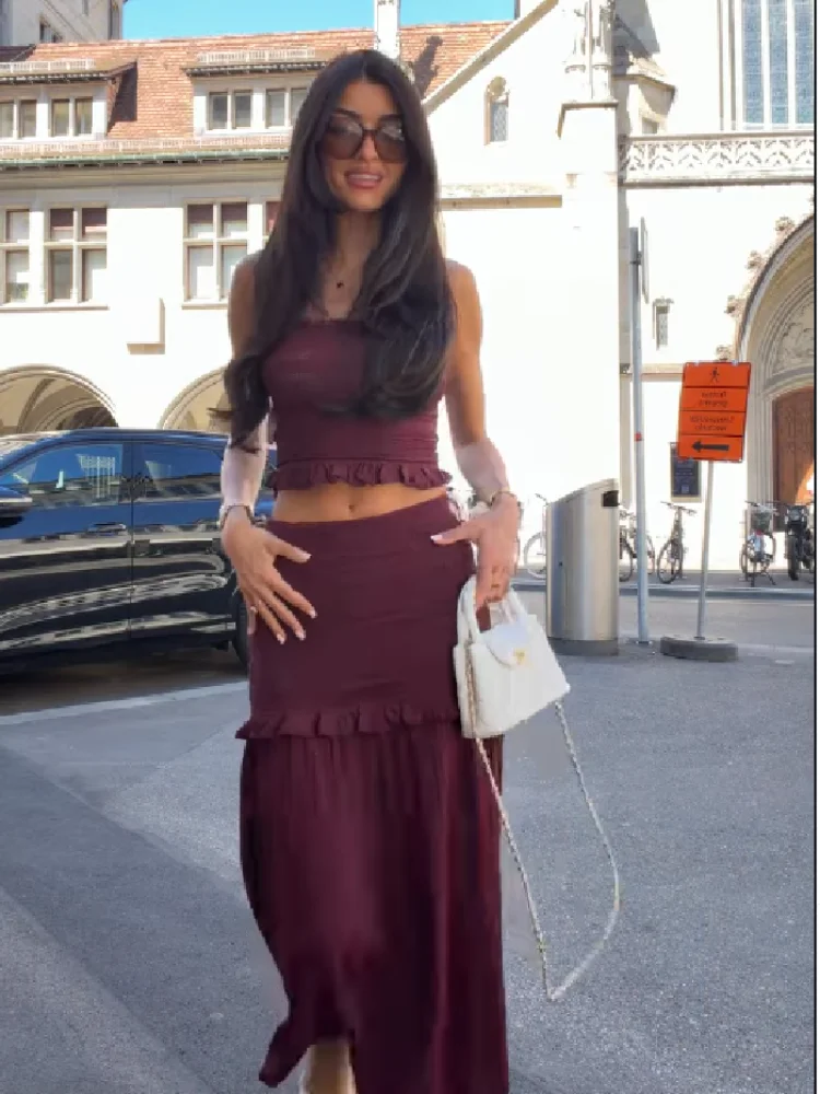 Ruched Knit Top And High Waist Long Skirt 2 Piece Set Ruffled Hollow Out Burgundy Outfit for Party Date Vacation Wedding Guest