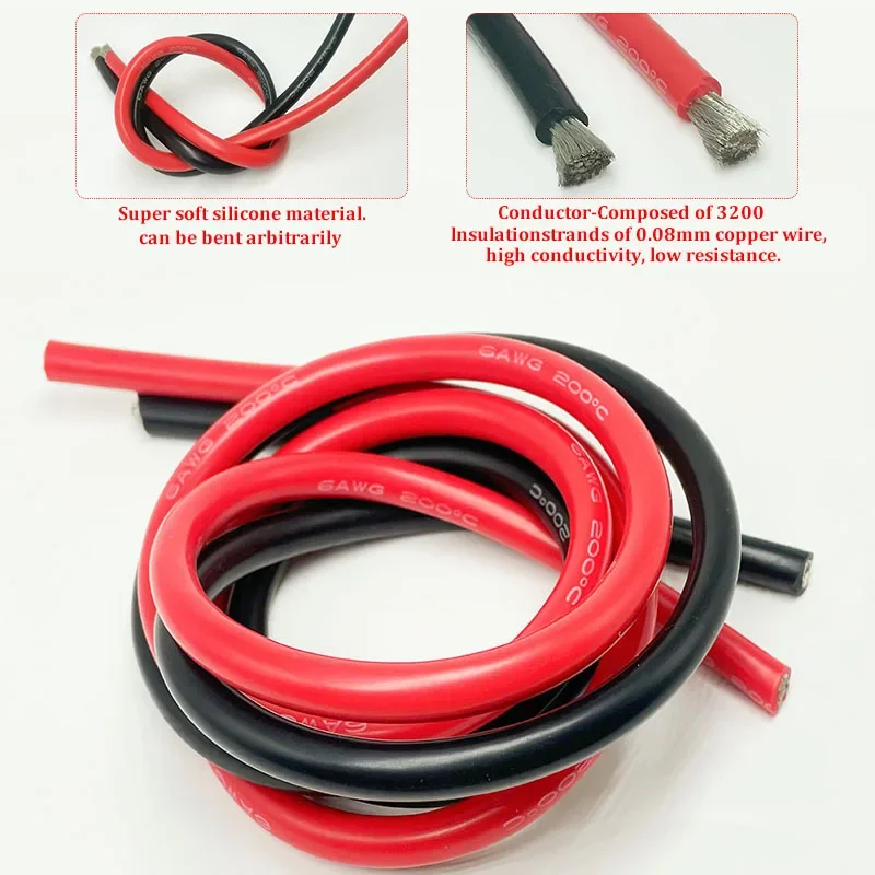 6 AWG Silicone Wire Ultra Flexible Silicone Insulated 6 AWG Stranded Tinned Copper Wire 3200 Strands 0.08mm Tinned Copper Conduc
