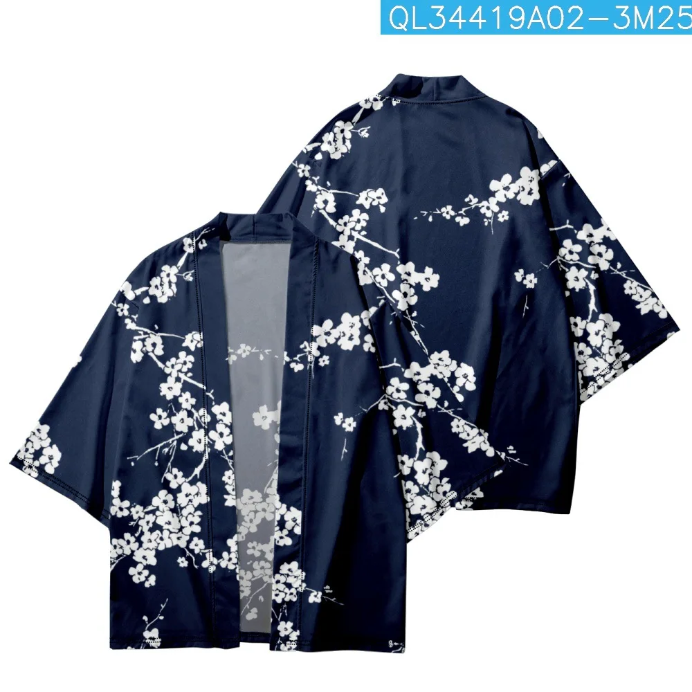 

Casual Loose Plum Bossom Printed Navy Blue Kimono Beach Shorts Cardigan Summer Couple Women Men Haori Yukata Streetwear