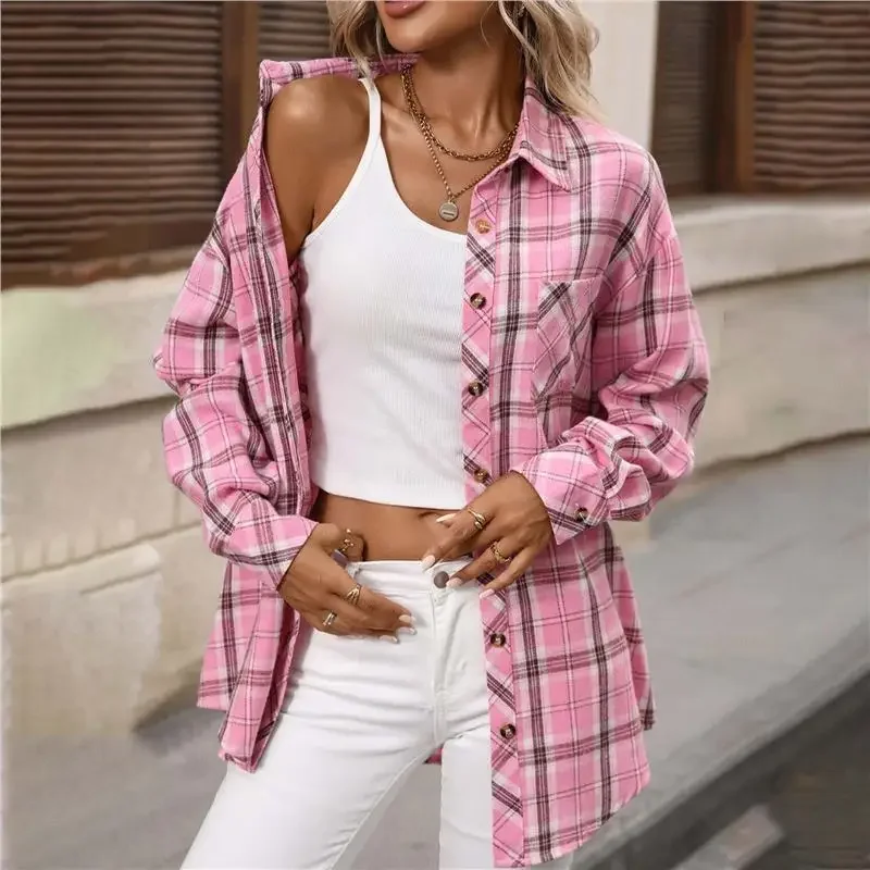 Camicie da donna casual 2025 Autunno Inverno Classico plaid Stampa completa Bottone davanti Camicia a maniche lunghe Colletto superiore Camicette da donna da ufficio