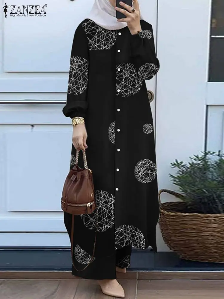 ZANZEA 2PCS Women Long Sleeve Shirt Pants Sets Vintage Casual Loose Dubai Turkey Abaya Trousers Suits Floral Printed Muslim Sets