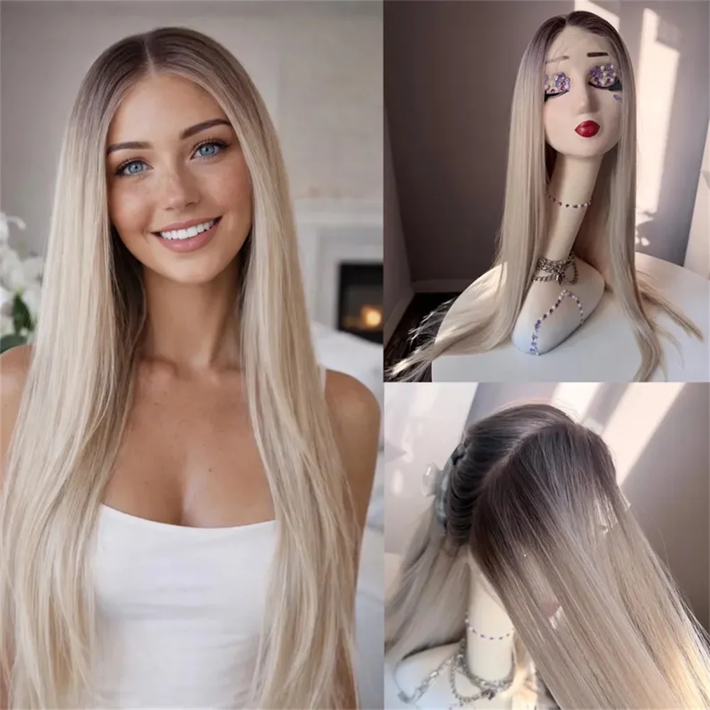 

Парик с эффектом омбре, платиновый блонд, с темными корнями, 24 дюйма, термостойкий, из синтетических волос, с возможностью свободной укладки, длинный, шелковистый, прямой, для женщин