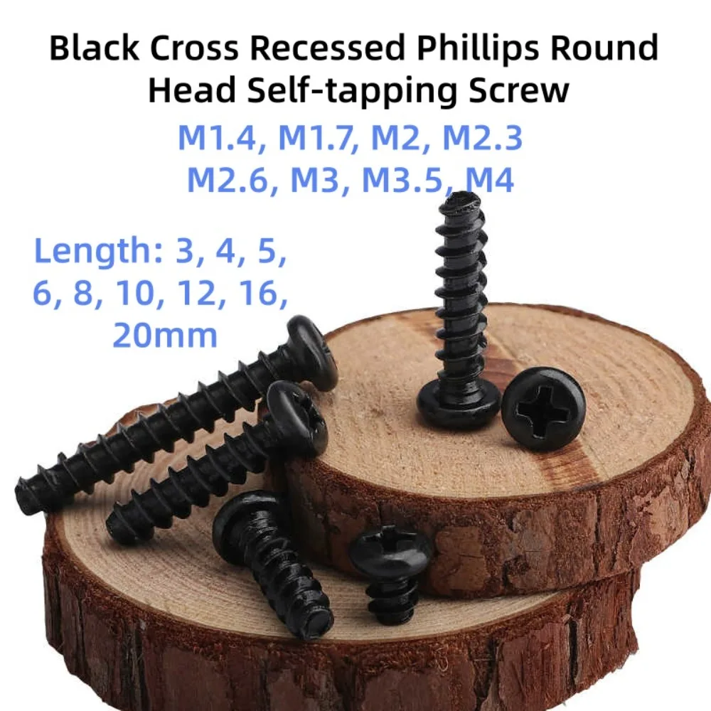 Carbon Steel Black Round Pan Head Phillips Self Tapping Screw Flat Tail M1.4-M4 Cross Recessed Small Self-tapping Screw