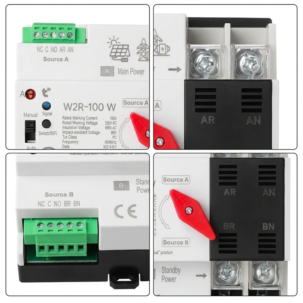 2P 100A AC220V Transfer Switch with WiFi Remote Monitoring and Control for Solar PV Generator and Grid Power Systems