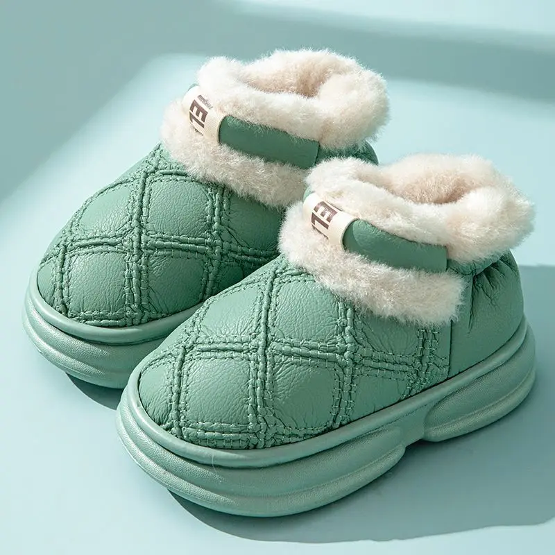 Solid Plaid Children Slippers Winter PU Leather Boys Girls Indoor Shoes Thick Warm Plush Soft Bottom Kids Slippers