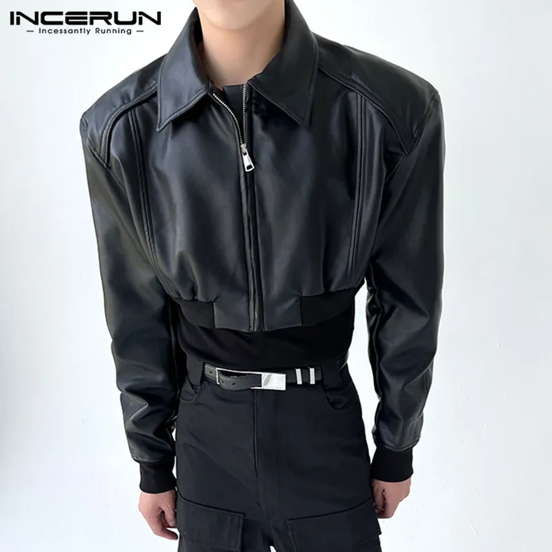 INCERUN Tops 2024 Korean Style New Men Zipper Shoulder Pad Cropped Jackets Casual Loose Solid Long Sleeved Leather Jackets S-5XL