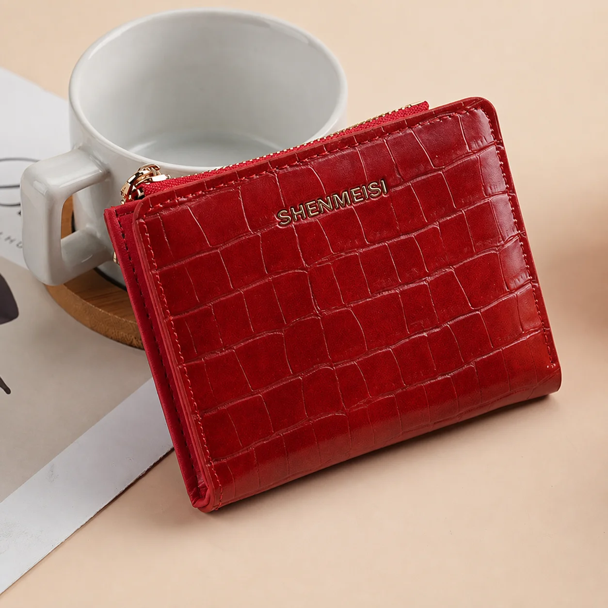 Waterproof Wallet Trendy Short Women'S Wallet Stone Texture Easy To Clean Pu Leather Card Holder For Travel Commuting Daily