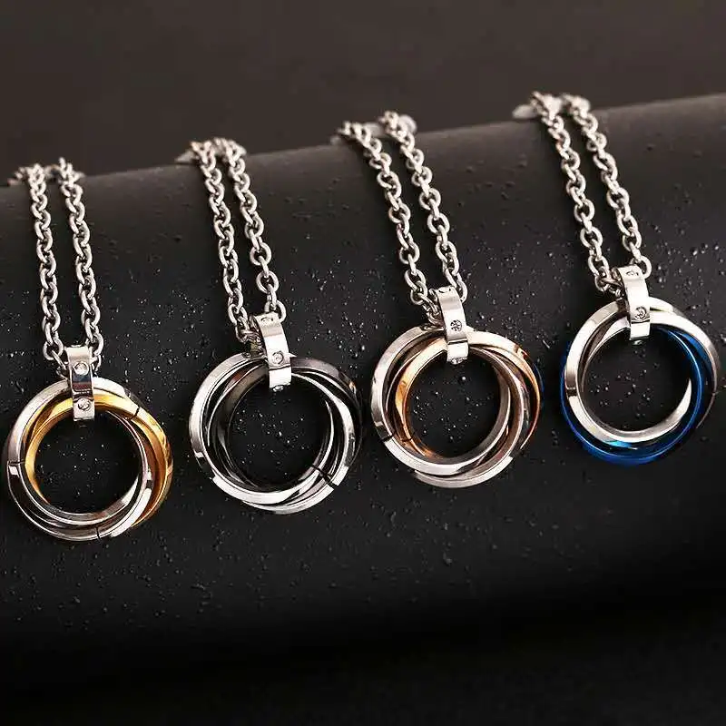 Titanium Steel Three Circle Ring Mens Pendant Inlaid Ring Buckle Personality Pendant Necklace Featured Daily Accessories Gift