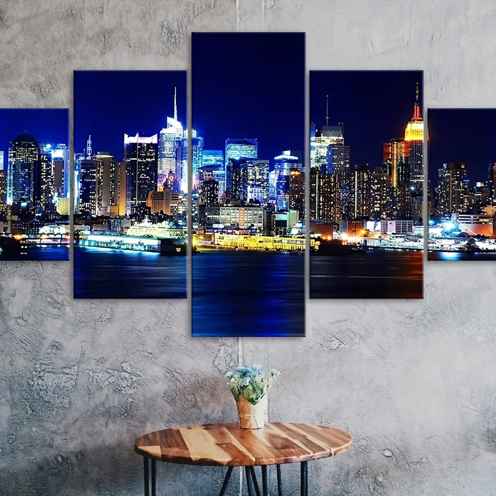Toile d'art mural sans cadre pour horizon de la ville de New York, 5 pièces, vue nocturne vibrante de Manhattan avec la rivière Hudson, impression d'encre moderne sur