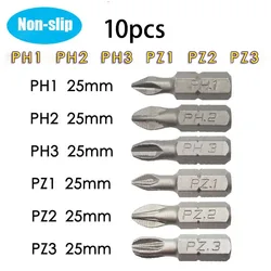 전기 육각 섕크 스크루드라이버 비트, PH1, PZ1, PH2, PZ2, PH3, PZ3, 마그네틱 미끄럼 방지, 1/4 인치 전기 핸드 스크루드라이버, 25mm, 10 개