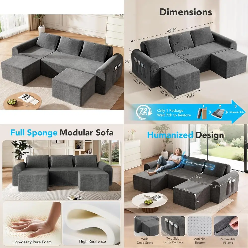 U-Shaped Deep Seating Sectional Sofa with 2 Ottomans and 3 Pillows for Comfortable Living Room