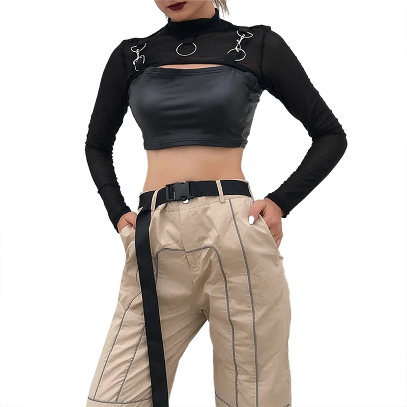 y2k Gothic Crop Top Clothing Women See Through High Neck Long Sleeve Mesh T Shirt Cyberpunk Clothes 2000s Streetwear