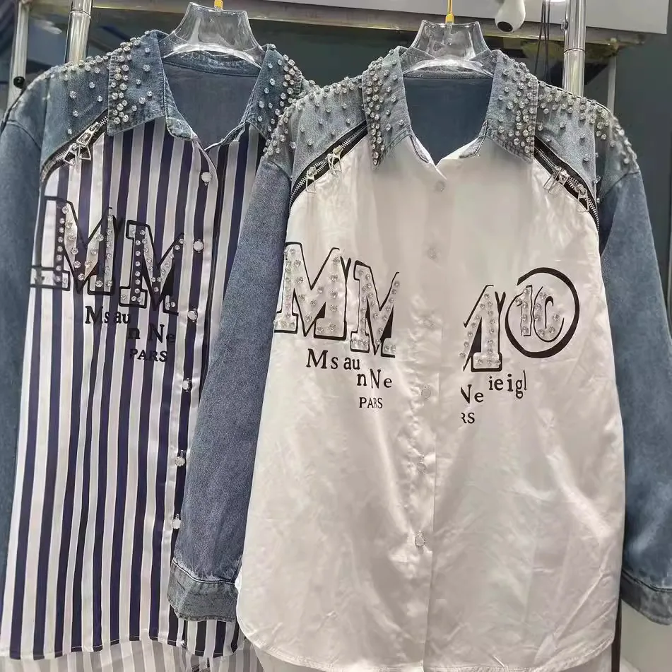 Women Denim Sleeve Splicing Zippers Rhinestones Shirt Medium Long Striped Diamonds Beaded Jean Blouses Long Sleeve Cardigan Tops