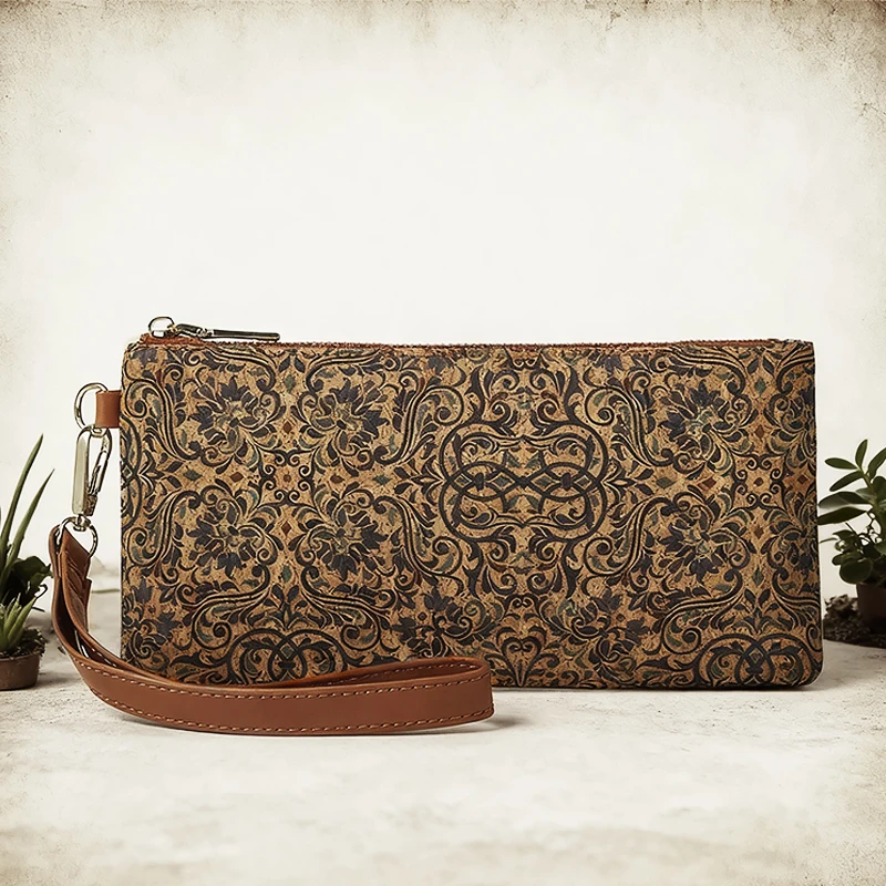 Retro Long Wallets Women Cork Leather Flower National Print Large Capacity Coin Purse for Outings Everyday use Bohemian Style