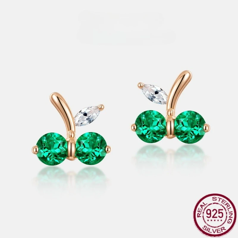 

New 925 pure silver cherry retro inlaid cultivated emerald earrings European and American light luxury versatile wedding jewelry