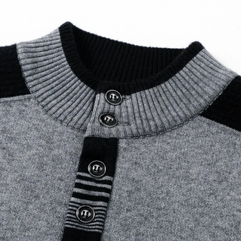 Autumn and Winter New Men's Knitwear Button Business Casual Sweater Slim Fit Warm Men's Half High Collar Contrast Pullover