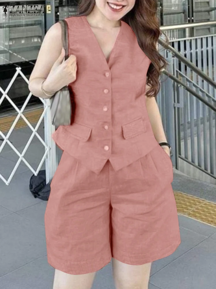 ZANZEA Summer Elegant Work Trousers Suits 2PCS Stylish Women V Neck Sleeveless Tops Short Sets Fashion Tracksuit Pants Sets 2024