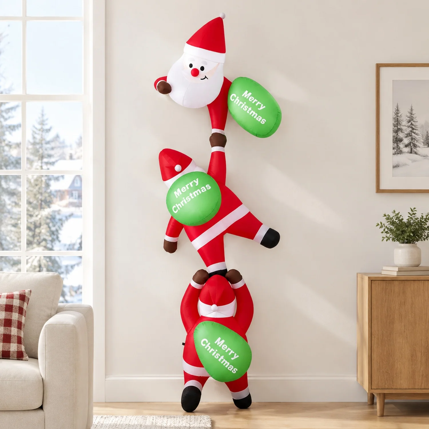 9.2 FT Hanging Christmas Inflatable with 3 Climbing Santas & Gift Bags, Built-in LED Lights Blow Up Decor for Rooftop Balcony