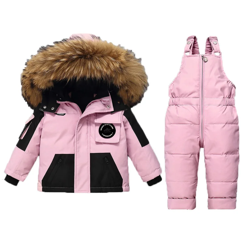 1-5 Years Winter Children Set Warm Ski Suit Thicken Baby Boys Girls Snowsuit Fur Down Coat and Jumpsuit Kids Clothes Overalls