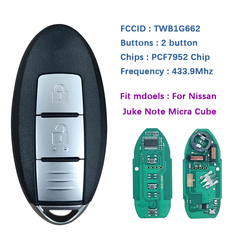 

CN027035 Aftermarket 2 Button Smart Key Remote Fob Control FCC TWB1G662 433.9mhz PCF7952 Chip For Juke Note Micra Cube