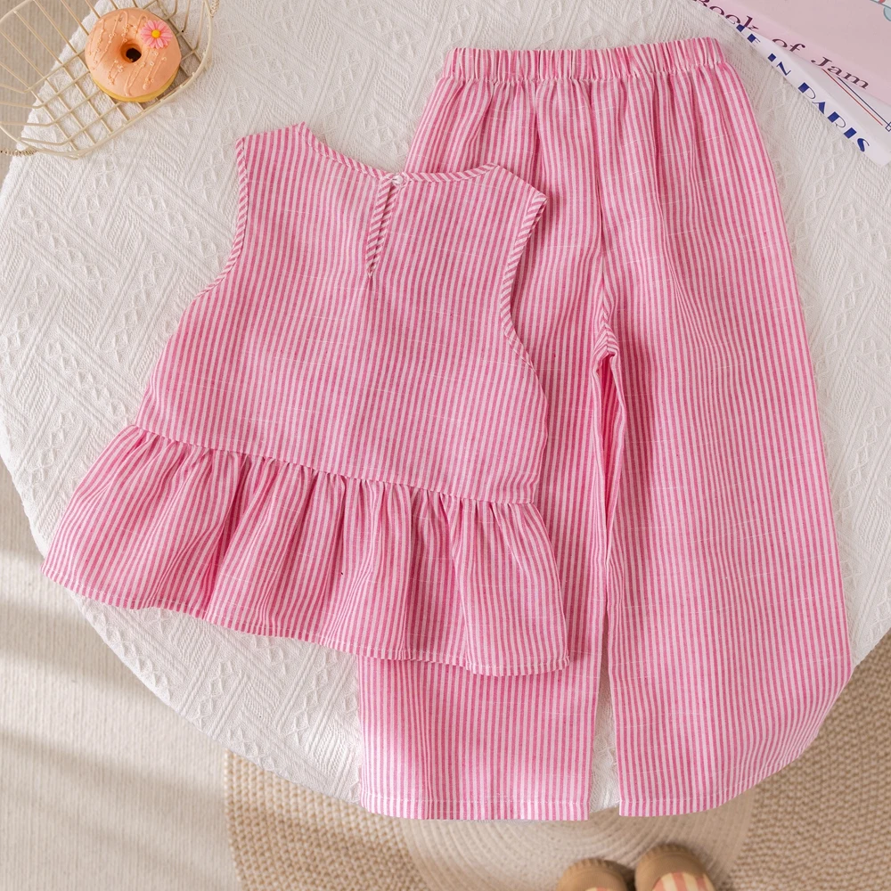 Summer Girls\' Suits Pink vertical stripe Bow Sleeveless Vest Top+Pants Two-piece Set Sweet Kids\' Clothing Sets