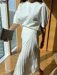 [EWQ] 2024 Fashion Casual All-match Pure Color Simple And Elegant White High Waist Side Pleated Skirt Long Skirt  Women 16F1066