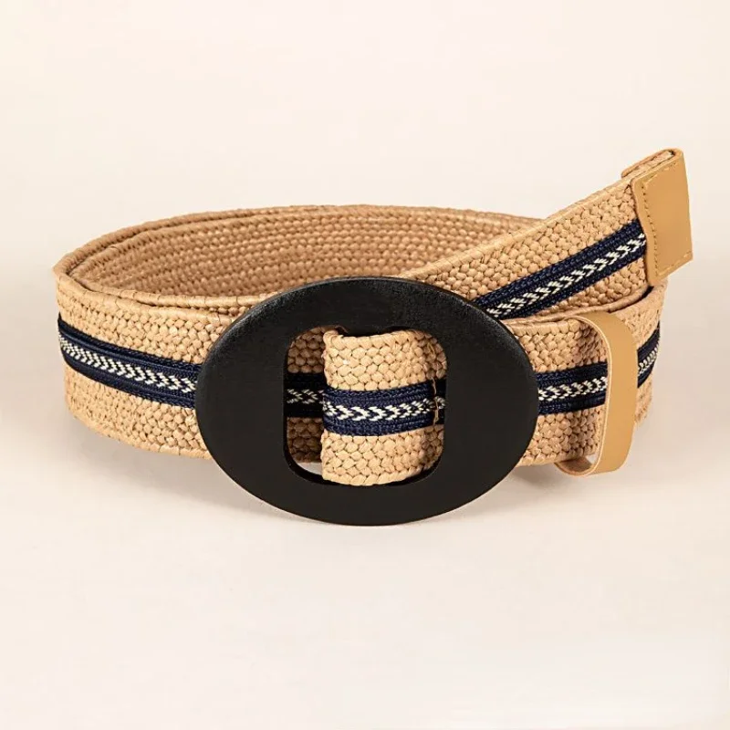 Vintage Round Wooden Buckle Women's PP Straw Belt Black Stripe Spliced Dress Accessory Summer Hand-Woven Fashion Belt