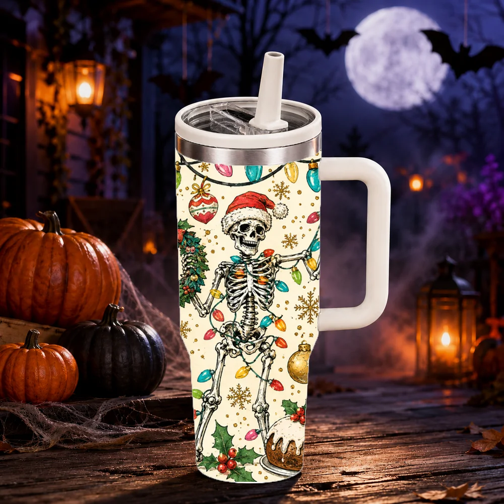 Skeleton Christmas Vacuum Flasks 40oz Large Capacity Stainless Steel Tumbler with Handle Straw Lid Insulated Travel Mug Cup