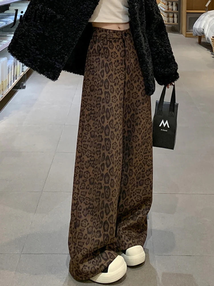 

Autumn New Basic Zipper Button Leopard Print Female Wide Leg Pants American Loose Classic Full Length Vintage Women Pants Casual