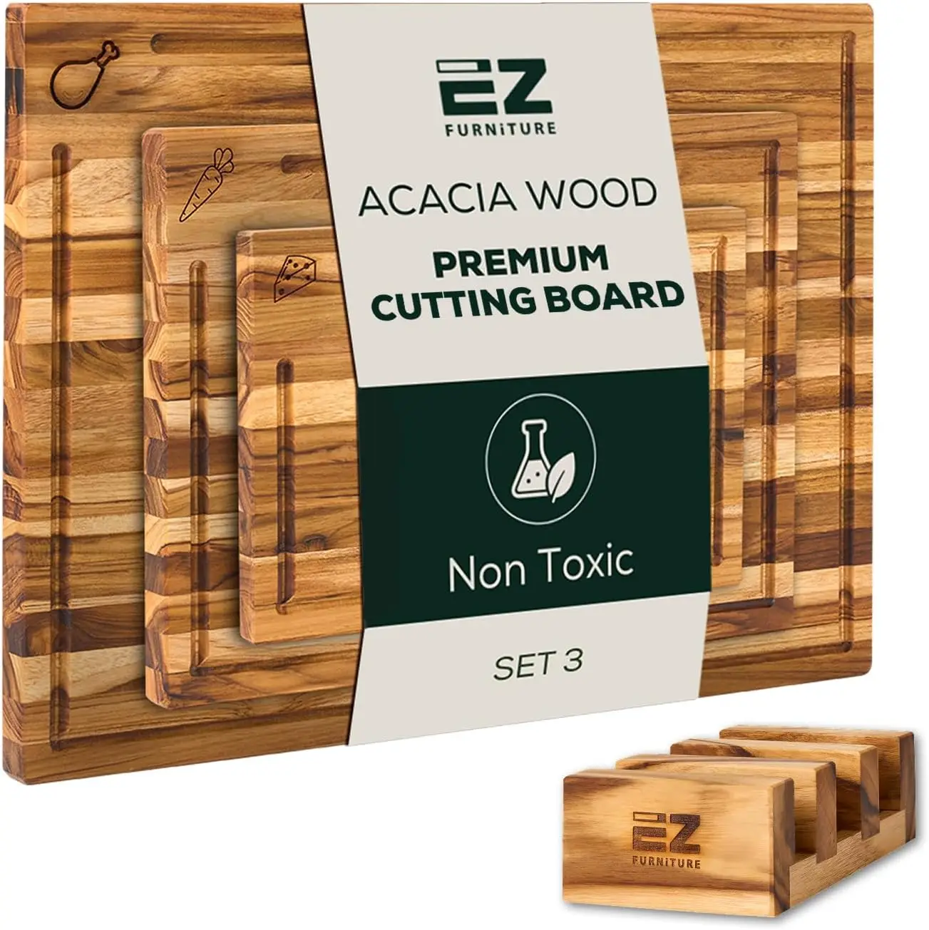 

Set of 3 Acacia Edge Grain Cutting & Charcuterie Boards with Extra Stand, Reversible Knife-Friendly Wooden Design with J