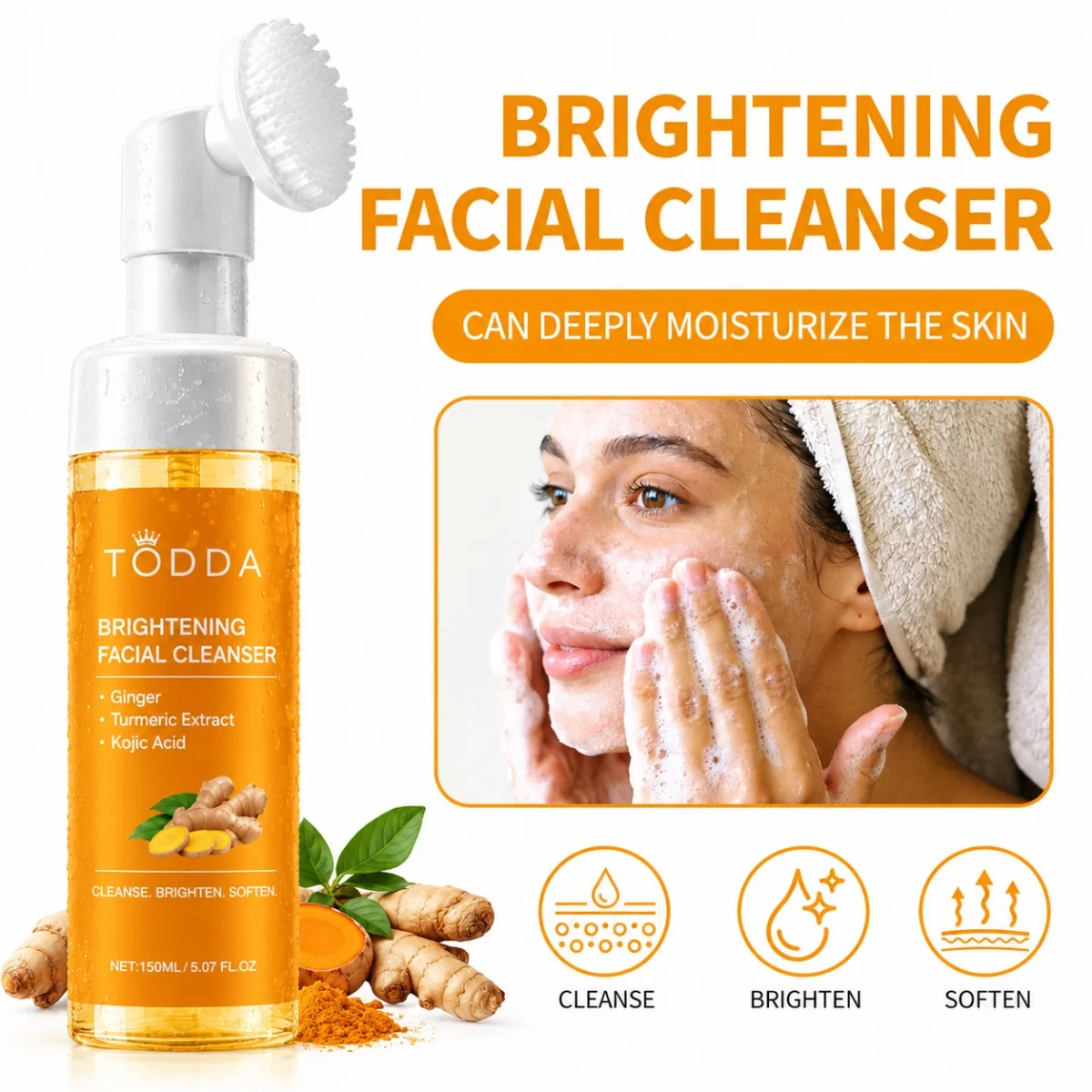 TODDA 150ml Turmeric Face Cleanser with Brush Head, Vitamin C Foaming Facial Wash, Hydrating Moisturizing Cleanser, Rich Foam Fa