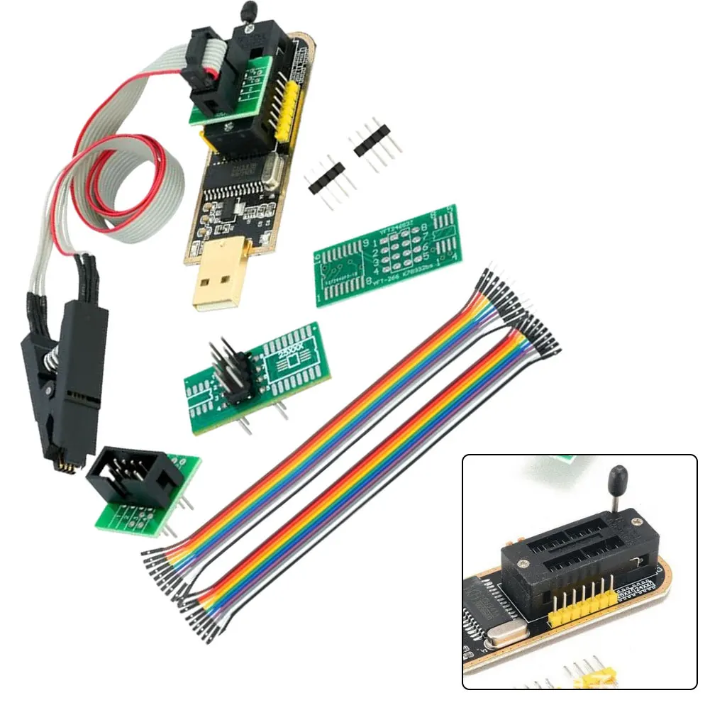 CH341B USB Programmer Tool Kit 24Cxx 25xxx EEPROMs SPI-s Flash 3.3V 5V SOP8 SOP16 With Test Clip No Solder Backup Erase Write
