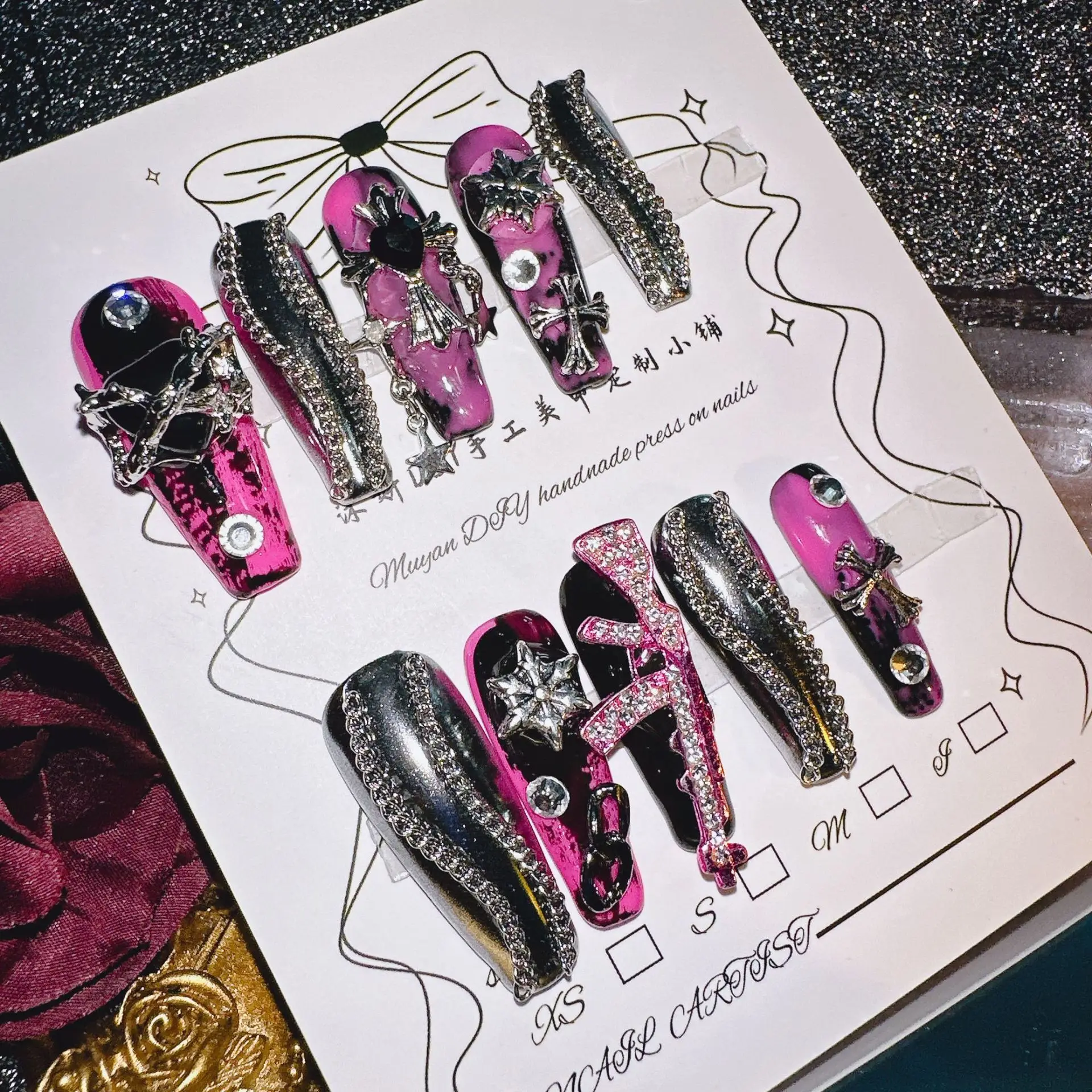 

Gothic Punk - Style Handmade Press - On Nails, Pink Silver Design with Cross & Chain Decor, Various Sizes
