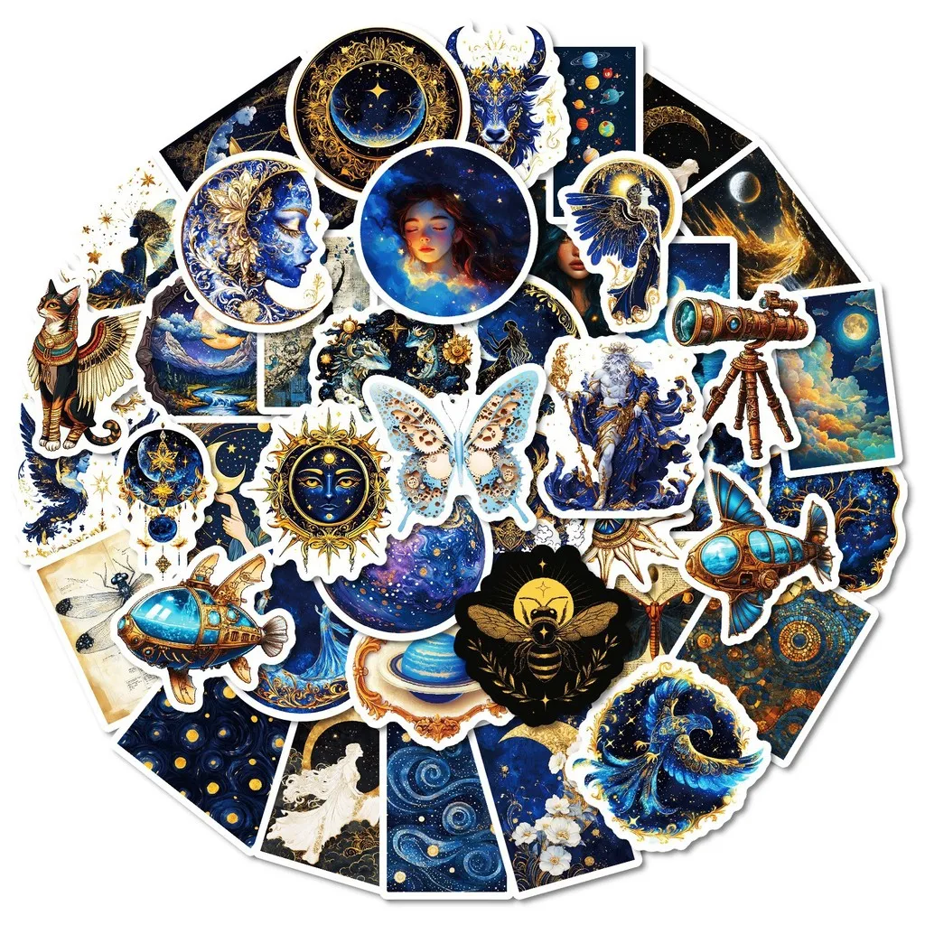 50Pcs Unique Black Starry Sky Mythology Doodle Stickers, Cosmic‑themed Decals, DIY Decor for Luggage, Helmet, and Refrigerator