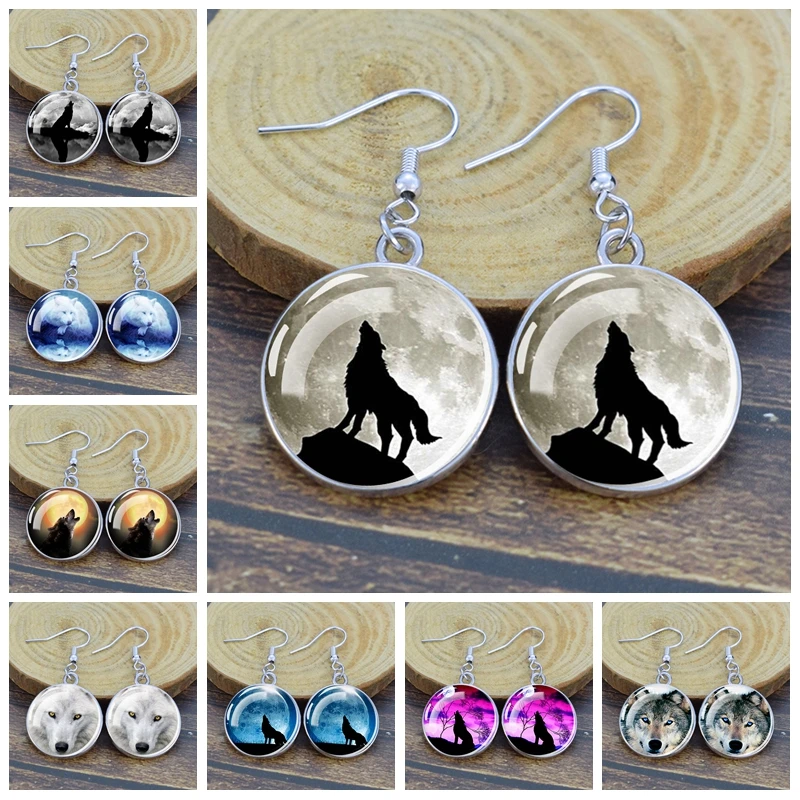 Howling Wolf Dangle Earrings Women Fashion Glass Cabochon Wolf Head Drop Earrings