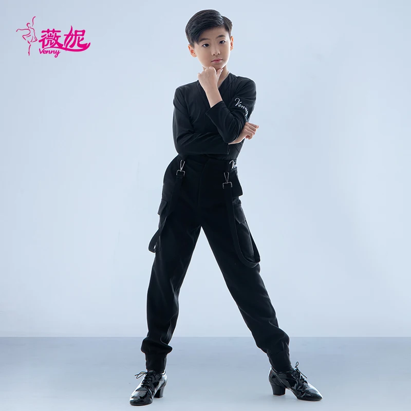 Vennystyle Abito da ballo latino Top da uomo con scollo a V e bretelle Set per spettacoli da sala Costumi da ballo da sala