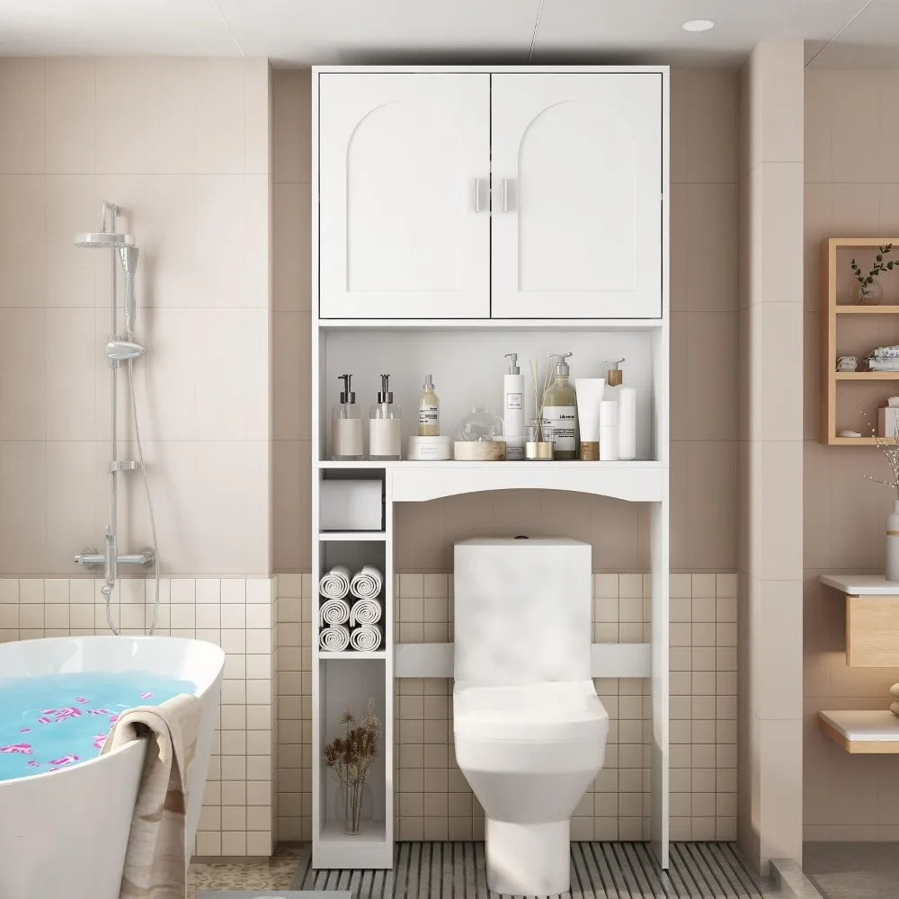 Over The Toilet Wall Cabinet Doors and Shelves, Space-Saving Rack Paper Holder, Bathroom Restroom (31.5”W x9.8”D x70.8”H)