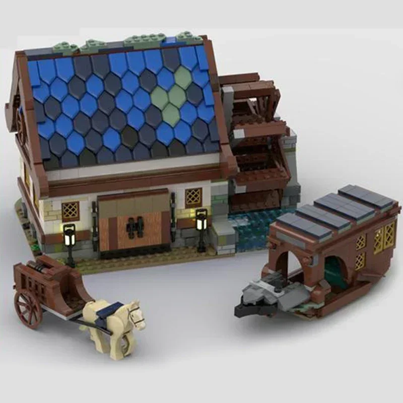 Moc قوالب بناء القرون الوسطى عرض الشارع نموذج القرون الوسطى تكنولوجيا الطاحونة المائية وحدات كتل هدية عيد الميلاد لعبة لتقوم بها بنفسك مجموعات الجمعية