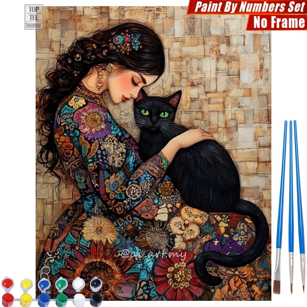 

Floral Black Cat Paint By Number Kit - Woven Texture Background Home Wall Decor Day Of The Dead Gift For Friend