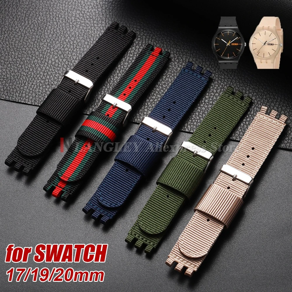 

Ремешок для часов SWATCH, 17 мм, 19 мм, 20 мм, холщовый нейлоновый ремешок для часов, мужской и женский браслет, черный, зеленый, военный, спортивный, сменный браслет