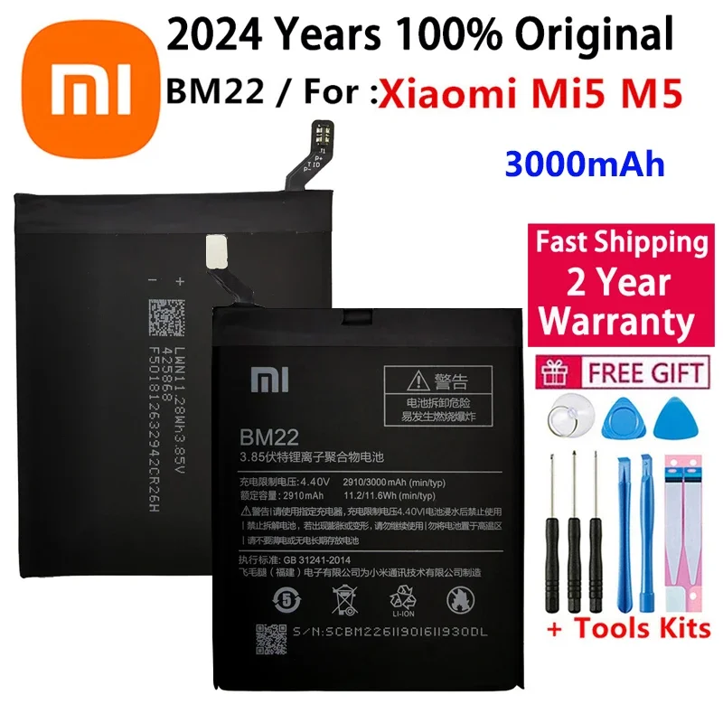 

2024 Years 100% Original Phone Battery BM22 For Xiaomi Mi 5 Mi5 M5 3000mAh High Quality Replacement Batteries Fast Shipping