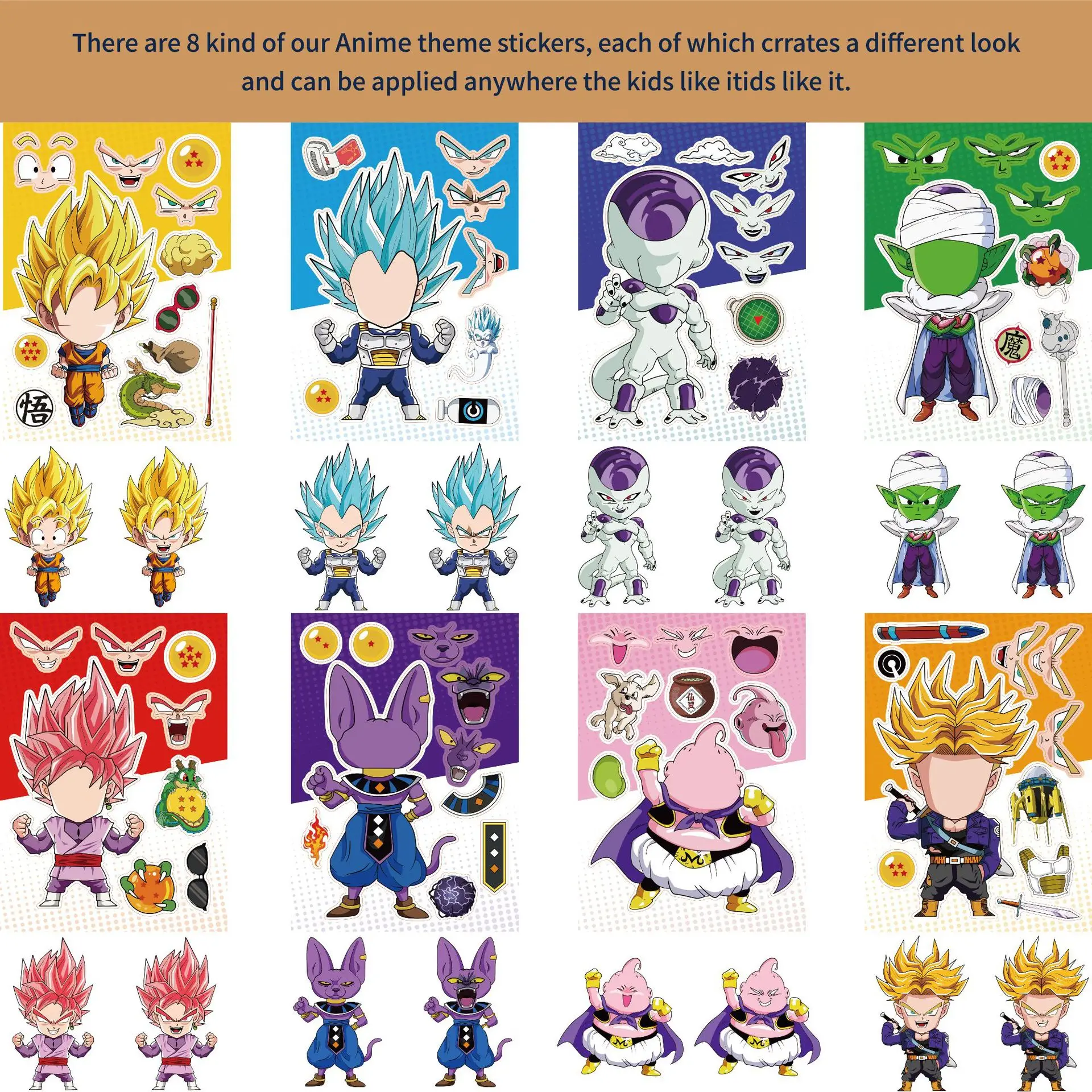 Dragon Ball 8pcs Stickers Set DIY Puzzle Goku Cartoon Make-a-Face Assemble Jigsaw Sticker Hot Anime Toy Book Decoration Kid Gift