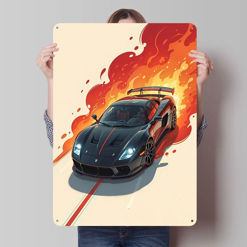 Schwarzes Sport-Auto-Metallposter mit Flammen, personalisierte Wandkunst, Retro-Vintage-Blechschilder für Garage, Männerhöhle, Gaming-Dekoration