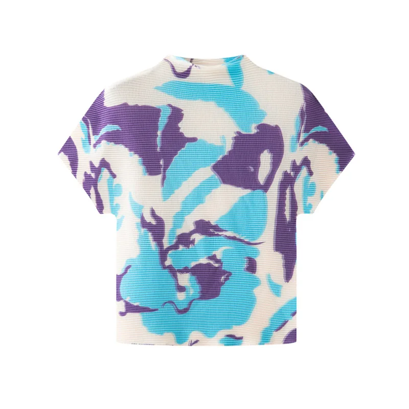 

Miyake Women's Cornfold Tight Printed T-Shirt Thin Pullover Half Turtle Neck Short Sleeve Fashion Women's 2026 Summer Tops