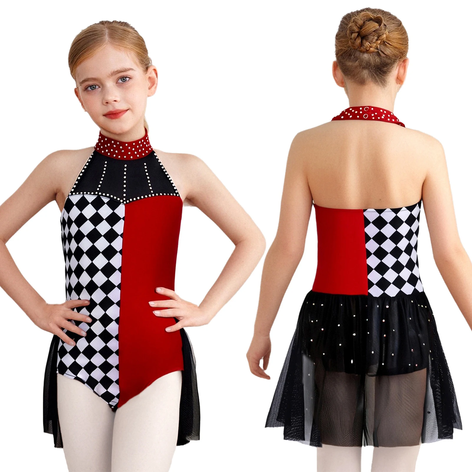 

Halloween Circus Clown Stage Performance Checkerboard Costume Halter Ringmaster Magician Jumpsuit Carnival Party